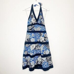 Kim Rogers Floral Striped Halter Padded Fit and Flare Blue and Black Dress 6